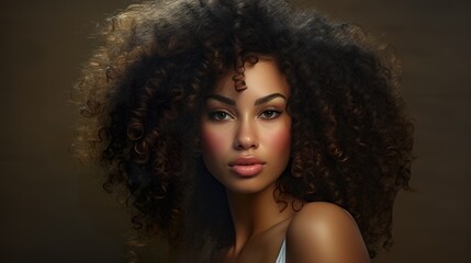 Fototapeta premium beautiful curly latina woman with stylish hair, attractive brazilian or black african american female with elegant hairstyle