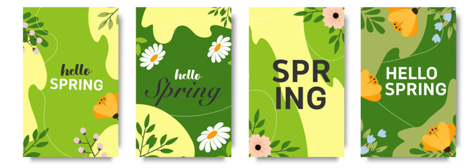 Set of trendy minimal spring posters of social media story design templates. Spring background, cover, sale banner, flyer design. Template for advertising, web, social media. - obrazy, fototapety, plakaty