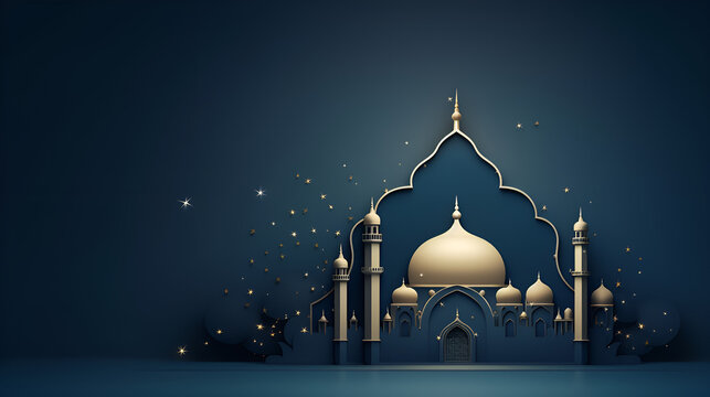 Elegant 3D Mosque on Blue Background.Islamic background with mosque illustration.AI Generative 