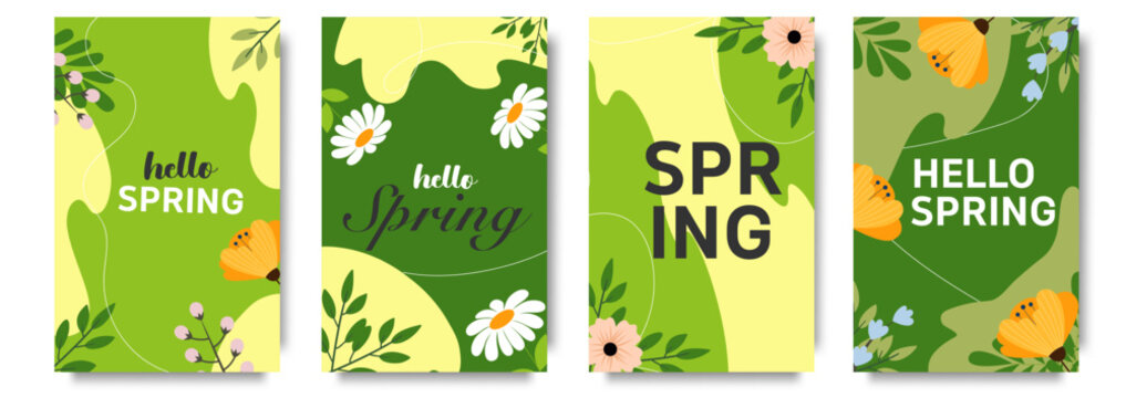 Set of trendy minimal spring posters of social media story design templates. Spring background, cover, sale banner, flyer design. Template for advertising, web, social media.