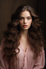 Fototapeta premium beautiful woman with stylish shiny hair, fashionable female with wavy stylish haircut, shampoo ads concept