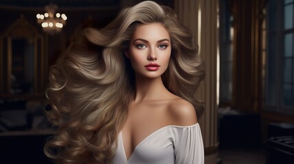 Fototapeta na wymiar beautiful woman with stylish shiny hair, fashionable female with wavy stylish haircut, shampoo ads concept