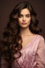 Fototapeta premium beautiful woman with stylish shiny hair, fashionable female with wavy stylish haircut, shampoo ads concept