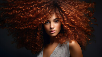 Fototapeta premium beautiful curly latina woman with stylish hair, attractive brazilian or black african american female with elegant hairstyle