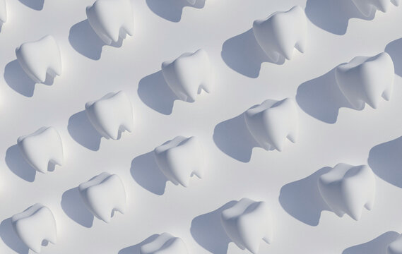 rows of white teeth on a white background, 3 d rendering, sharp shadows