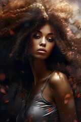 Obraz na płótnie Canvas beautiful curly latina woman with stylish hair, attractive brazilian or black african american female with elegant hairstyle