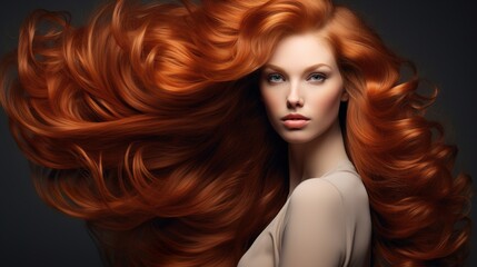 Fototapeta premium beautiful redhead woman with stylish shiny hair, fashionable female with wavy stylish haircut, shampoo ads concept