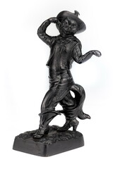 Purchased (consumer) figurine "Puss in boots" made of cast iron close-up on a white background