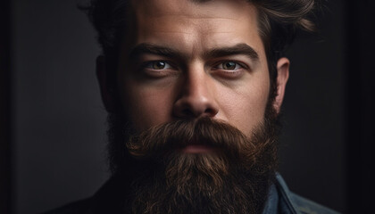 Obraz premium Handsome young adult male with mustache and stubble, serious expression generated by AI