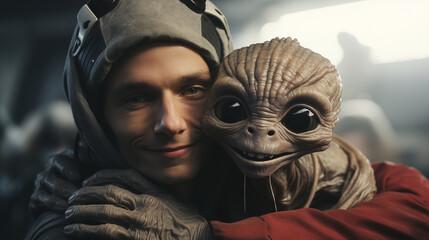 Futuristic photo of a friendly alien hugs astronaut inside the space station