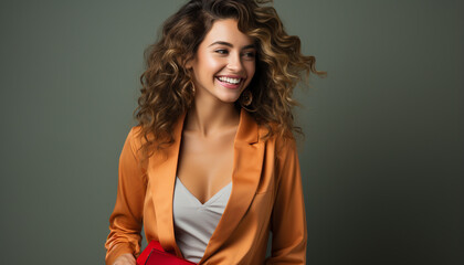 Naklejka premium Beautiful woman with long blond hair looking confidently at camera generated by AI