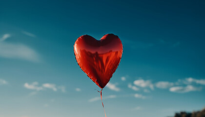 Fototapeta premium Love symbol flying in blue sky, celebrating romance and emotion generated by AI