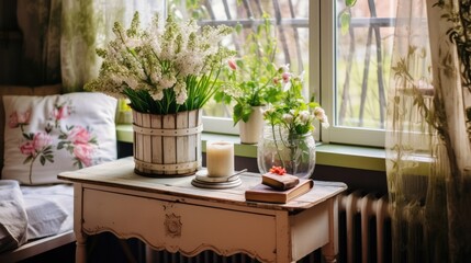 room in old, rural vintage house with flowers. 