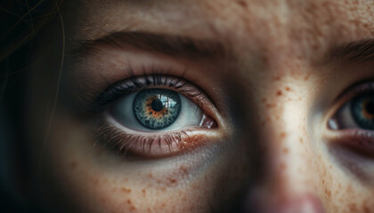 Beautiful blue eyed girl staring at wet animal eye outdoors generated by AI