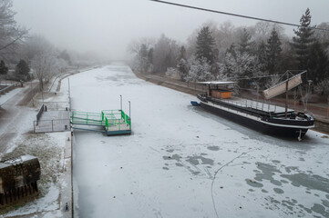 A view of a frozen Bega river in a cold winter