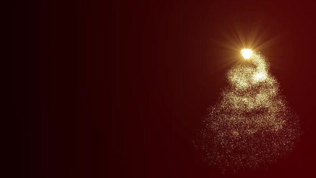 A bright light source draws a Christmas tree made of gold particles on a red background. Animation for Christmas holiday with free space.