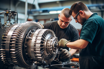 Workers work together on a new type of gas turbine engine