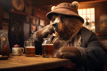 Funny cute bear drinks beer in British pub - obrazy, fototapety, plakaty
