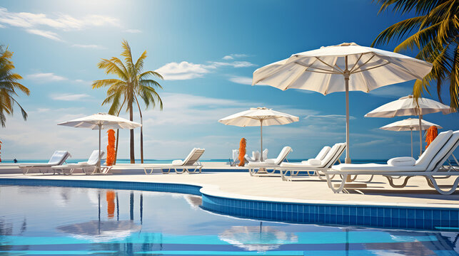 beach resort,Sun Deck on Sea View for Summer Vacation Stock Photo . HD wallpaper for desktop.AI Generative 
