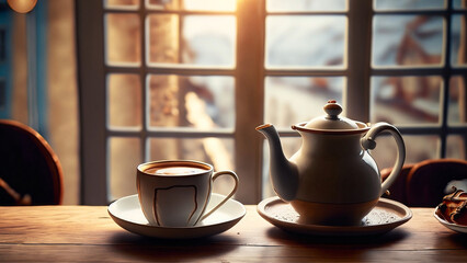 Uma xícara com café e um bule de louça sobre uma mesa ao lado da janela de bistrô muito aconchegante.