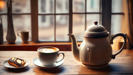 Um bule e uma xícara de louça com café sobre a mesa. Uma mesa de café da manhã ao lado de uma janela grande de vidro em um bistrô.  - obrazy, fototapety, plakaty