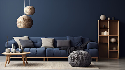 Two knitted poufs near dark blue corner sofa. Scandinavian home interior design of modern living room - Powered by Adobe
