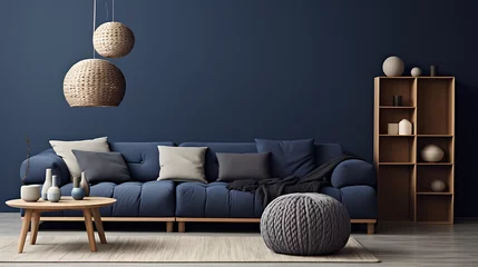 Foto op Canvas Two knitted poufs near dark blue corner sofa. Scandinavian home interior design of modern living room © Alin