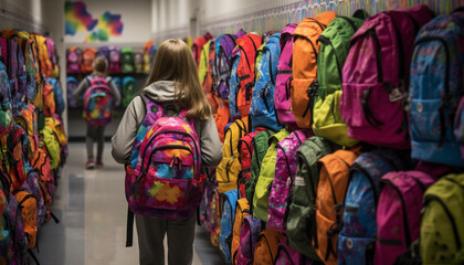 Fototapeta na wymiar Multi colored backpacks stacked in a retail store for outdoor adventures generated by AI