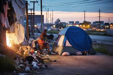 Homeless tent camp and garbage along the road in a modern evening city - obrazy, fototapety, plakaty