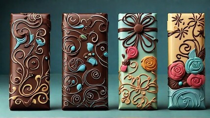 Four Decorative Chocolate Bars with Floral and Swirl Designs on a Teal Background