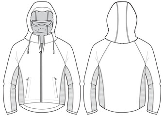 Long sleeve Hoodie jacket design flat sketch Illustration, Protection mid layer Hooded jacket with front and back view, winter hoody jacket for Men and women. for hiker, outerwear in winter - obrazy, fototapety, plakaty