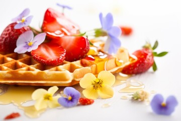 Obraz na płótnie Canvas Homemade waffles served with strawberries and honey, decorated with flowers. Generative AI