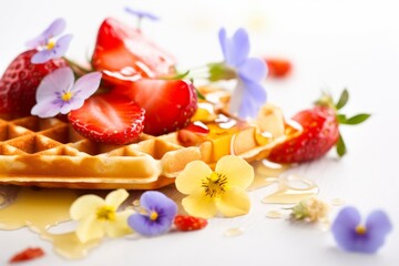 Obraz premium Homemade waffles served with strawberries and honey, decorated with flowers. Generative AI