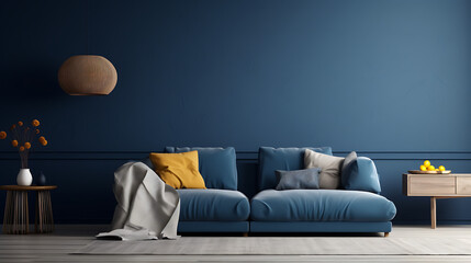 Two knitted poufs near dark blue corner sofa. Scandinavian home interior design of modern living room - obrazy, fototapety, plakaty