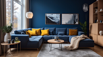 Two knitted poufs near dark blue corner sofa. Scandinavian home interior design of modern living room