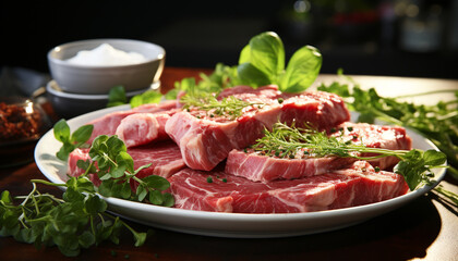 Freshness on plate grilled steak, healthy salad, gourmet appetizer generated by AI