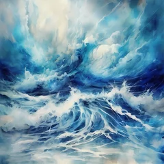 Poster watercolor with storm of sea, blue and white contemporary art, grunge, intense, stylized, detailed, high resolution © khaladok