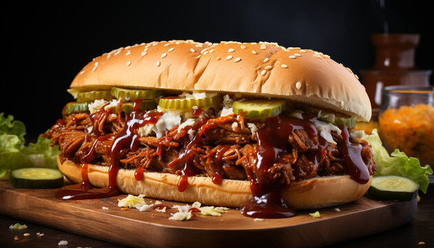 Grilled beef burger on bun with fresh tomato and onion generated by AI