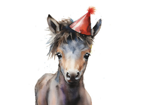 cute foal with a birthday hat in watercolor desgin isolated against transparent background