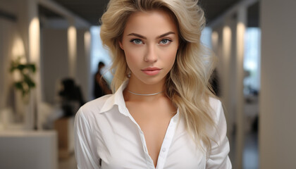 Fototapeta premium Beautiful woman with long blond hair looking confidently at camera generated by AI