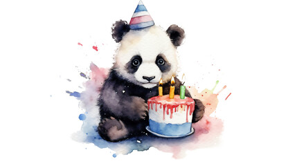 cute panda bear with a birthday cake in watercolor desgin isolated against transparent background