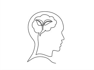 Continuous one line drawing of human head with plant inside. Mental health and psychology vector concept. Creative ideas, grow up, positive thinking and self care. Growth mindset skills illustration