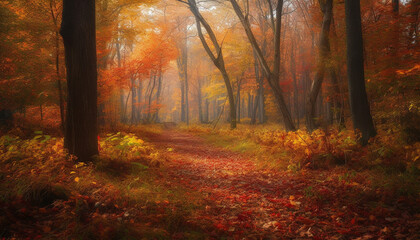 Vibrant autumn forest, mysterious fog, tranquil footpath, spooky wilderness scene generated by AI