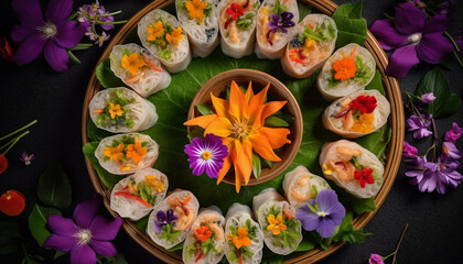 Obraz na płótnie Canvas Gourmet dim sum appetizer with seafood and vegetable variation generated by AI