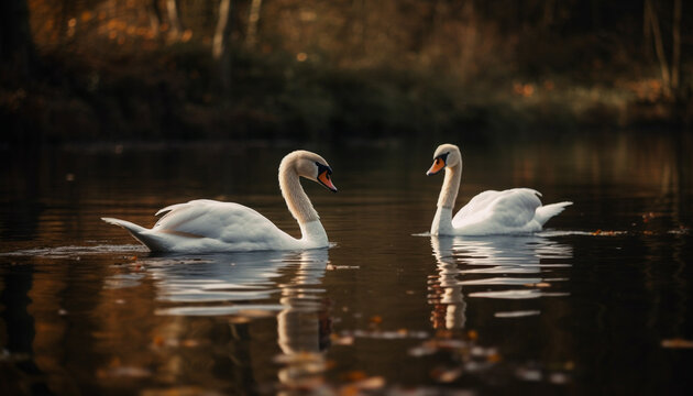 Mute swans swim in tranquil pond, reflecting natural beauty generated by AI