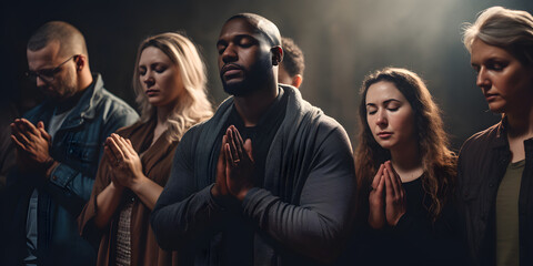 Fototapeta premium Multiethnic people praying for blessings from god. AI generative