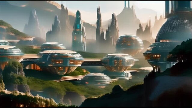 the landscape of a futuristic city, characterized by transparent dome-shaped buildings that appear to float amidst mountains and greenery