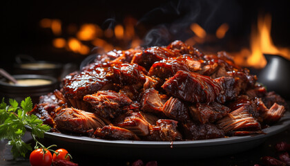 Grilled meat on plate, a savory barbecue delight generated by AI