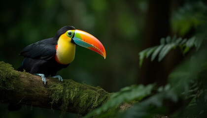 Toucan perching on branch, vibrant colors in tropical rainforest generated by AI