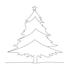 Continuous one line drawing of Christmas tree with star, gar. Hand drawn Christmas Vector illustration